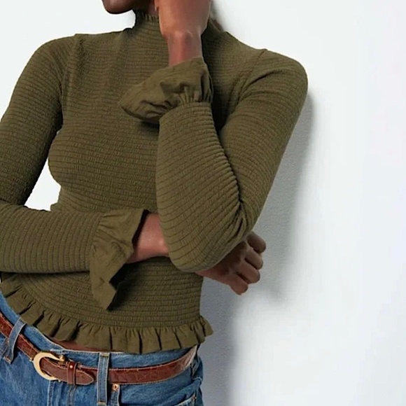 NATION LTD Yael Smocked High Ruffle Neck Top Ozark Green Pima Cotton Cutout Back - Picture 6 of 16